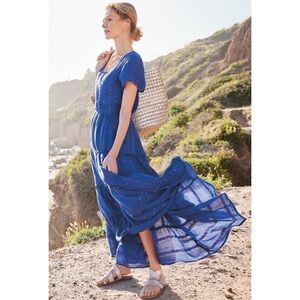 Soft Surroundings Royal Blue Kara Tiered Maxi Dress Blue Summer Sequin EUC